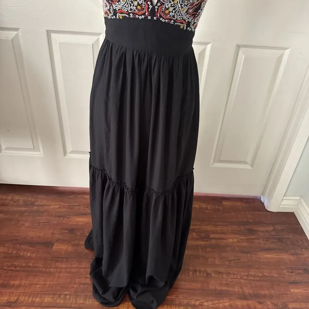 Abercrombie Fitch Womens Boho Embroidered Maxi Dress Medium Black Festival Style